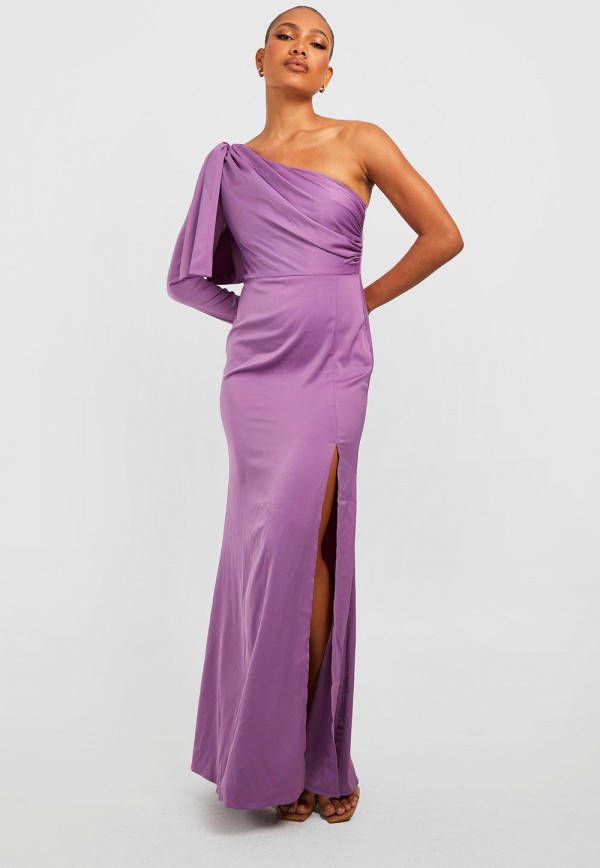 boohoo Satijnen Gedrapeerde Maxi Jurk Met Eé, n Blote Schouder, Purple
