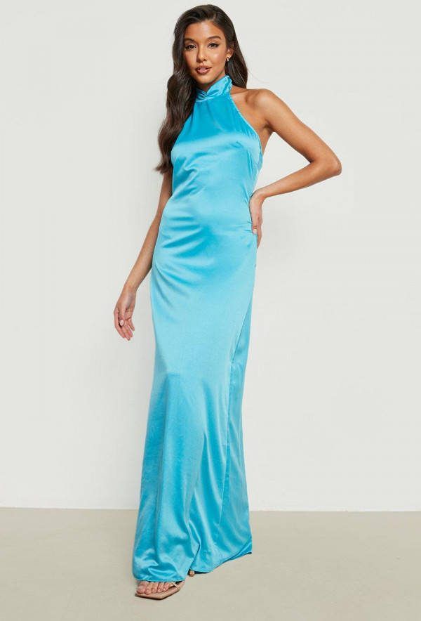 boohoo Satijnen Halter Maxi Jurk, Blue
