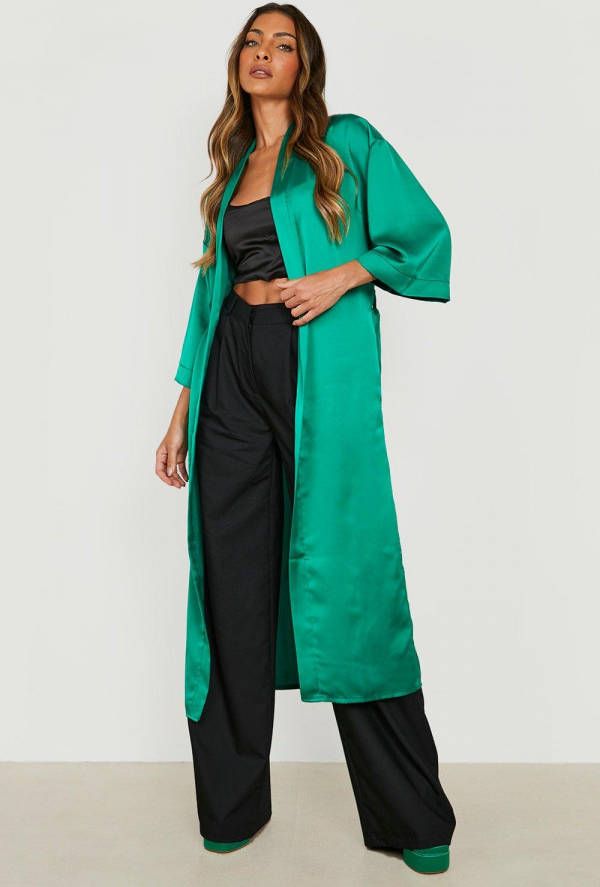 boohoo Satijnen Kimono Met Ceintuur, Green