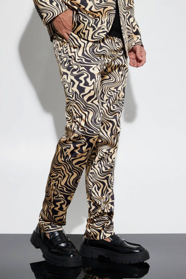 boohoo Satijnen Marmerprint Pantalons Met Rechte Pijpen, Gold