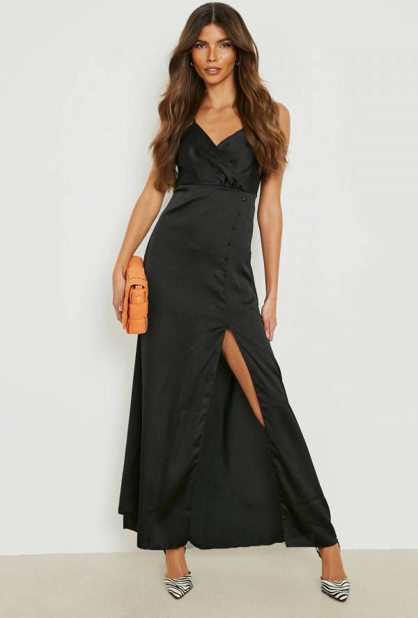 boohoo Satijnen Maxi Jurk Met Knoop Detail, Black