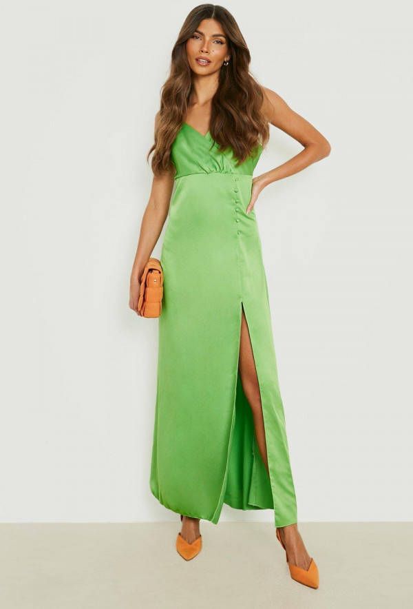 boohoo Satijnen Maxi Jurk Met Knoop Detail, Green