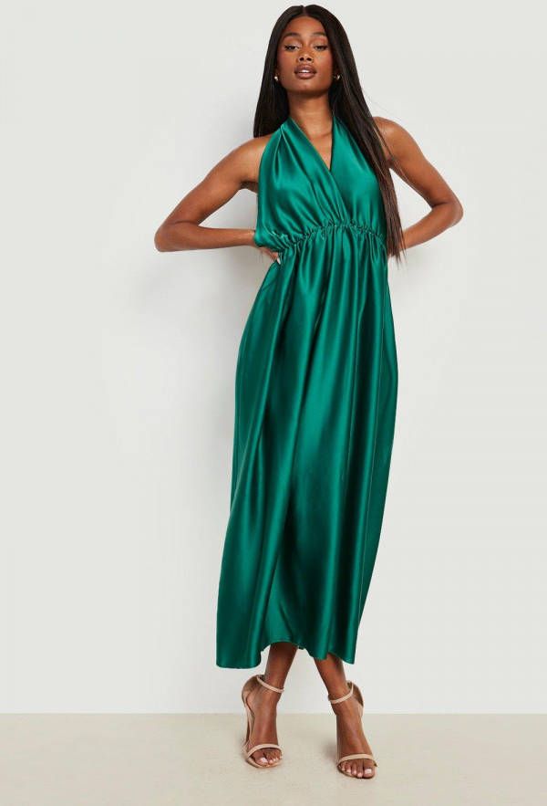 boohoo Satijnen Maxi Jurk Met Rug Strik, Green