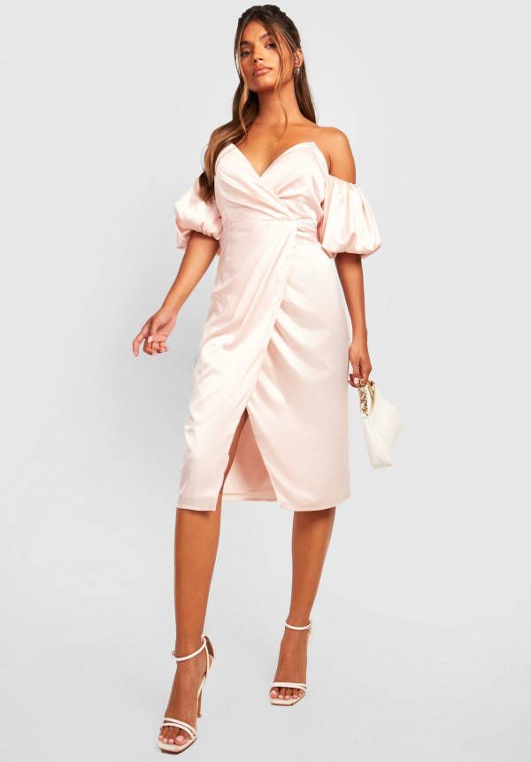 boohoo Satijnen Midi Wikkeljurk Met Pofmouwen, Champagne
