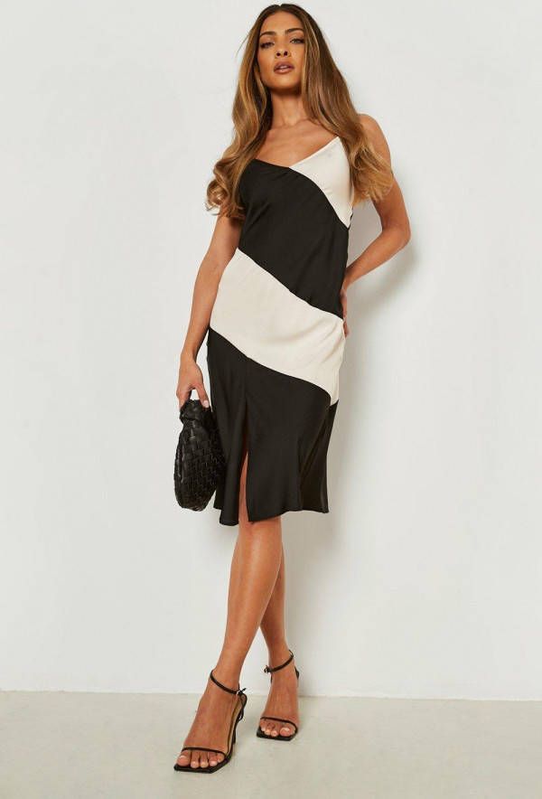boohoo Satijnen Midi Jurk Met Contrasterende Panelen, Black