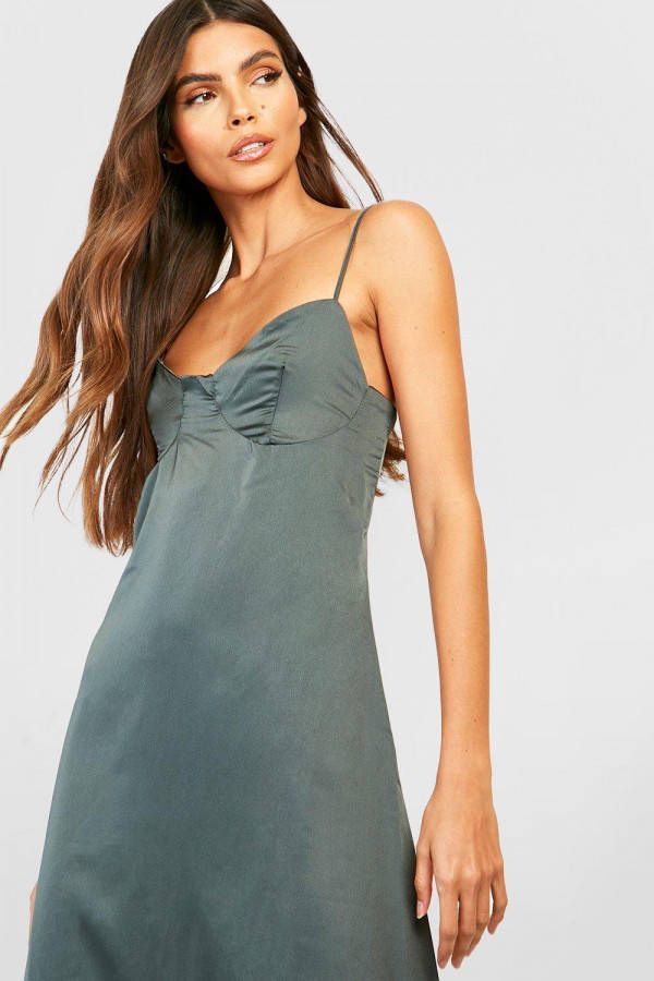 boohoo Satijnen Midi Jurk Met Cup Detail, Khaki