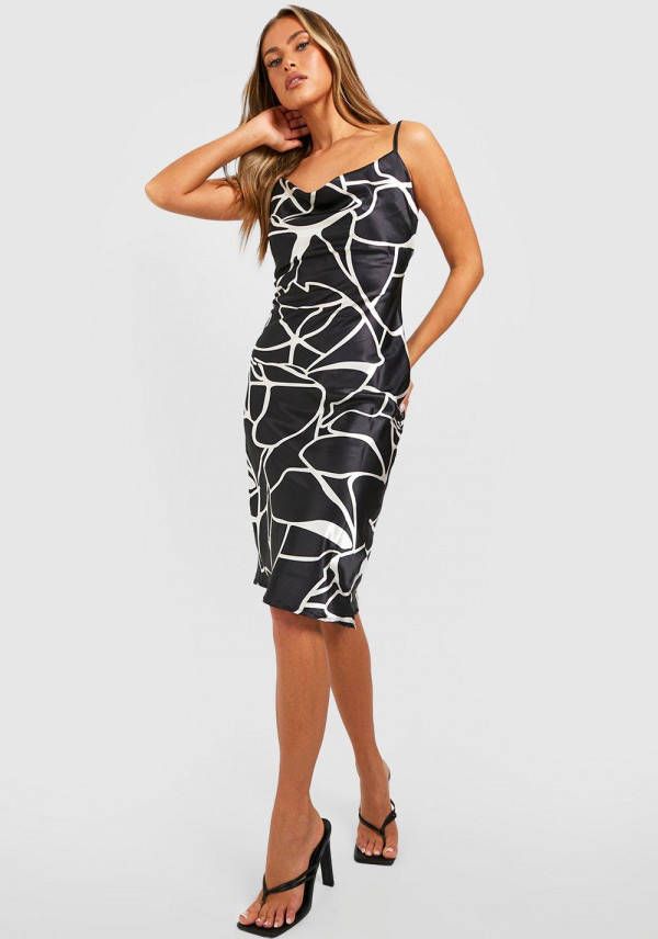 boohoo Satijnen Midi Jurk Met Print, Black