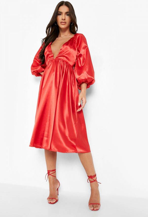 boohoo Satijnen Midi Skater Jurk Met Volle Mouwen, Red