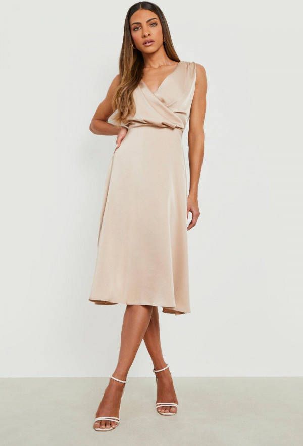 boohoo Satijnen Midi Wikkel Jurk Met Waterval Hals, Champagne