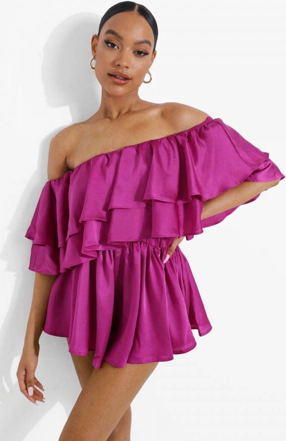 boohoo Satijnen Romper Met Eé, n Blote Schouder En Extreme Ruches, Purple