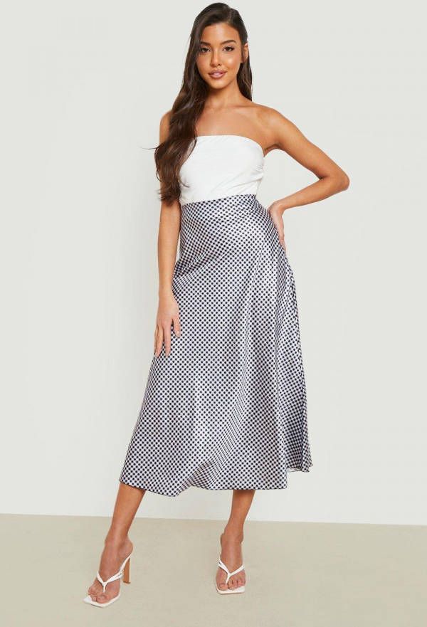 boohoo Satijnen Schuine Gingham Print Midi Rok, Mono