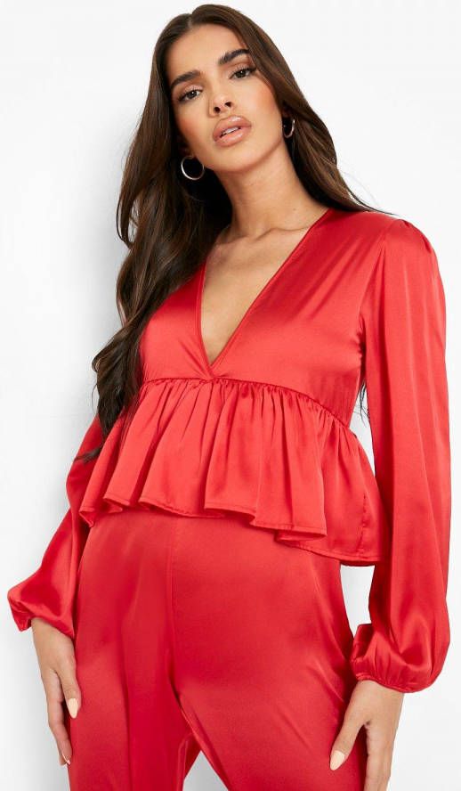 boohoo Satijnen Wide Leg Jumpsuit Met Laag Decollet&#xE9, En Ruches, Red
