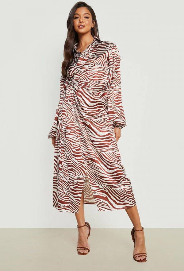 boohoo Satijnen Zebraprint Wikkel Blouse Jurk, Mocha