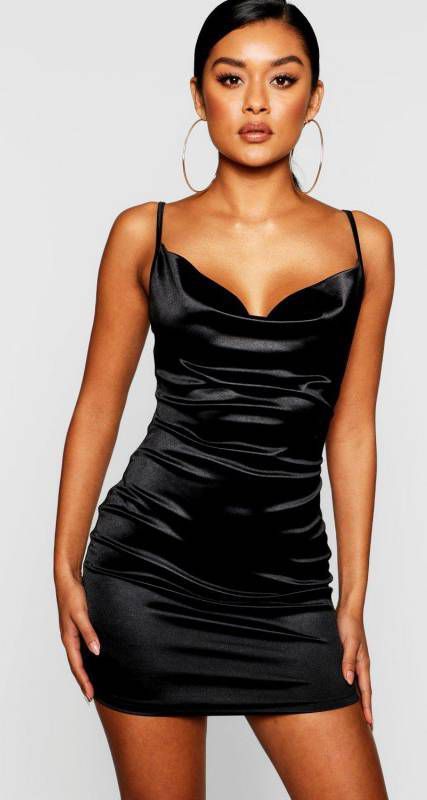 boohoo Satijnen Bodycon Jurk Met Col, Zwart