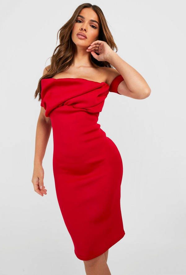 boohoo Scuba Off Shoulder Midi Jurk, Red