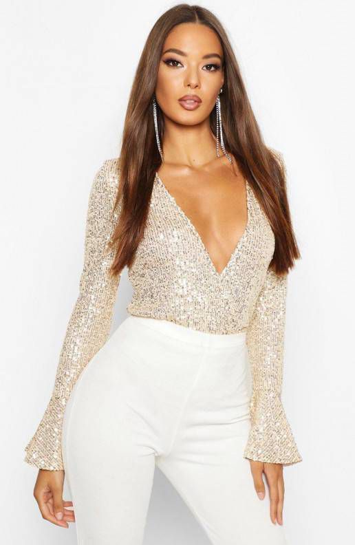 boohoo Wikkel One Piece Met Pailletten En Geplooide Manchettes, Goud