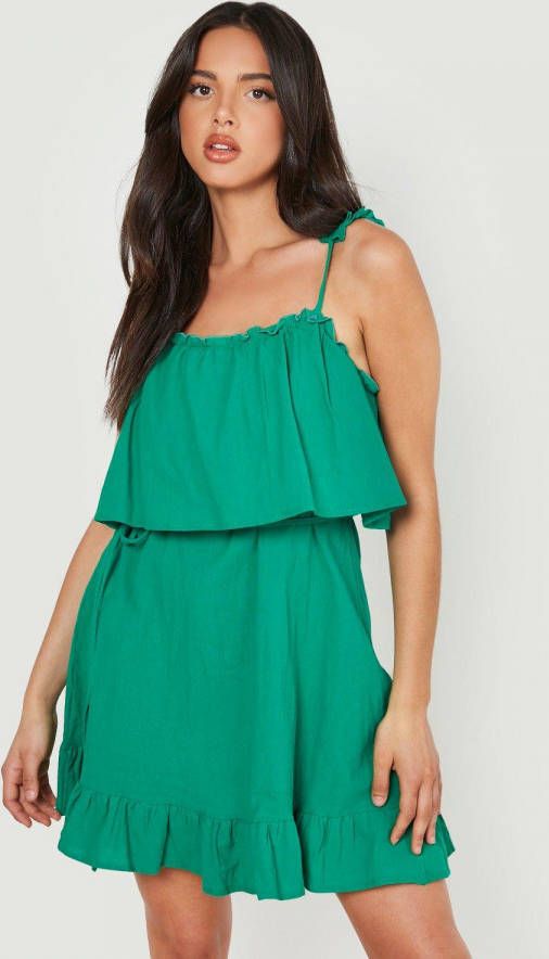 boohoo Skater Jurk Met Franjes, Bandjes En Laagjes, Green