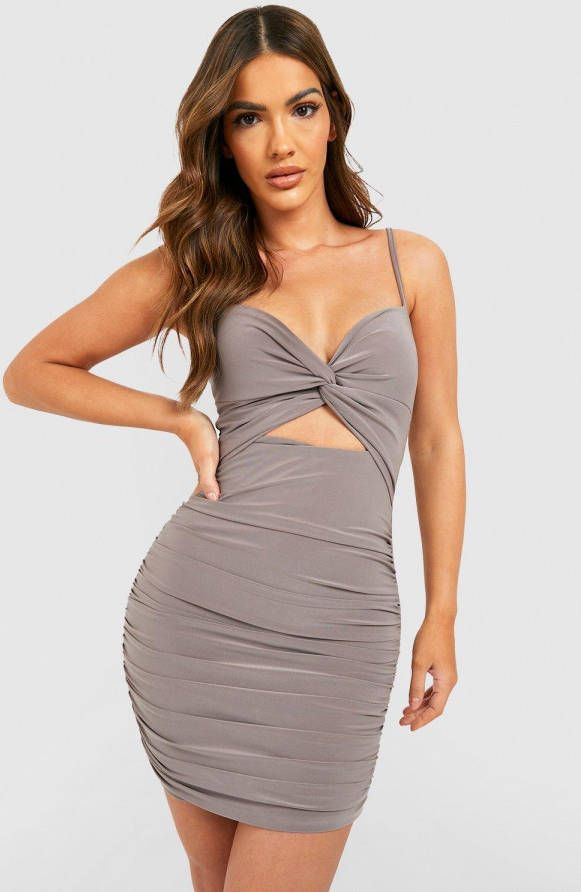 boohoo Strakke Gedraaide Mini Jurk Met Uitsnijding, Mocha