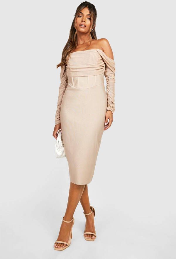 boohoo Strakke Mesh Midi Jurk Met Korset Detail, Champagne