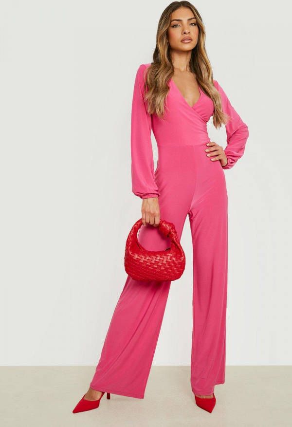 boohoo Strakke Wide Leg Wikkel Jumpsuit, Magenta