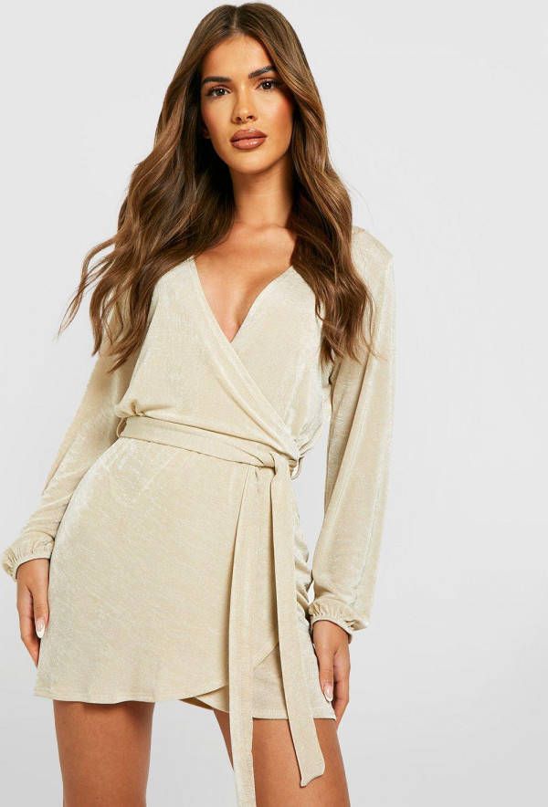 boohoo Strakke Wikkel Jurk Met Textuur En Ceintuur, Champagne