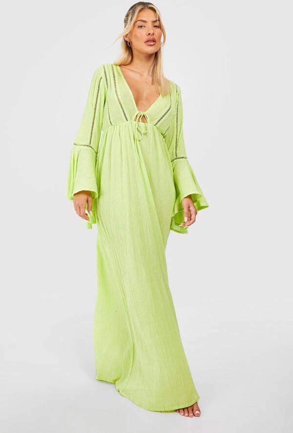 boohoo Strand Maxi Jurk Met Strik En Geplooide Mouwen, Washed Lime