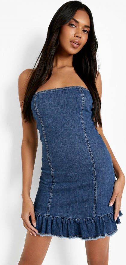 boohoo Strapless Spijkerjurk Met Franjes En Onbewerkte Zoom, Mid Blue