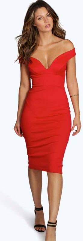boohoo Bodycon Midi Jurk Met Open Schouders En Hartvormige Hals, Rood