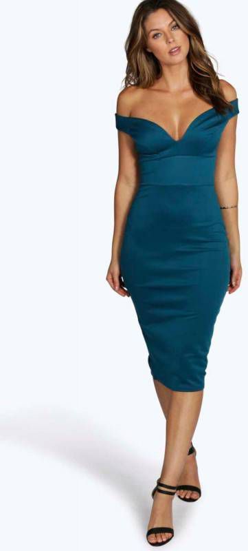 boohoo Bodycon Midi Jurk Met Open Schouders En Hartvormige Hals, Blauwgroen