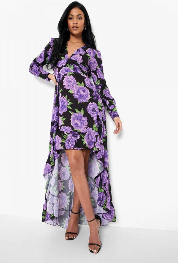 boohoo Tall Bloemen Jurk Met Franjes En Langere Achterkant, Purple