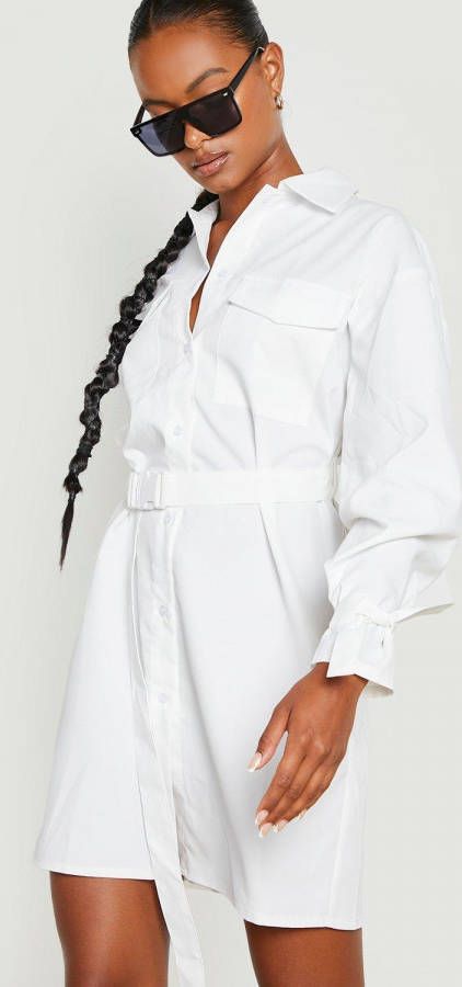 boohoo Tall Cargo Blouse Jurk Met Utility Zakken En Ceintuur, White