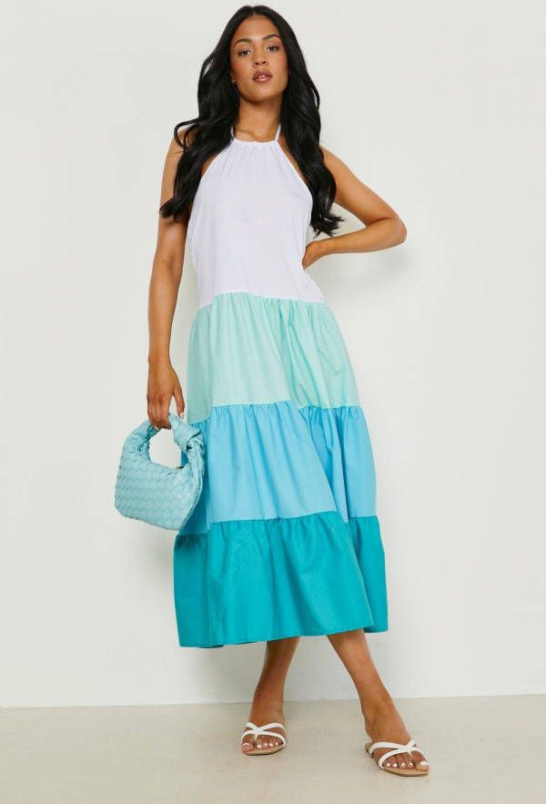 boohoo Tall Colour Block Halter Poplin Midi Jurk, Mint