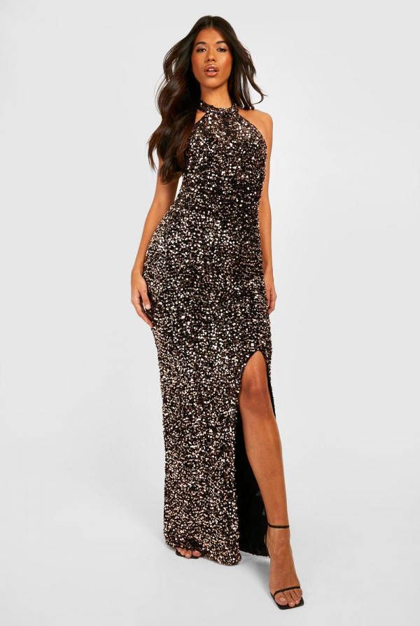 boohoo Tall Fluwelen Glitter Maxi Jurk Met Pailletten En Split, Gold