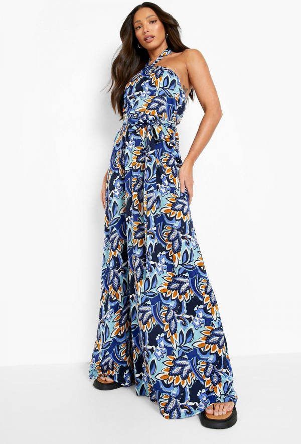 boohoo Tall Gedraaide Paisley Maxi Jurk Met Halter Neck En Ceintuur, Cobalt