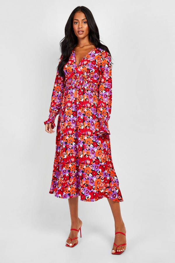 boohoo Tall Geplooide Gekleurde Bloemen Midi Jurk, Red