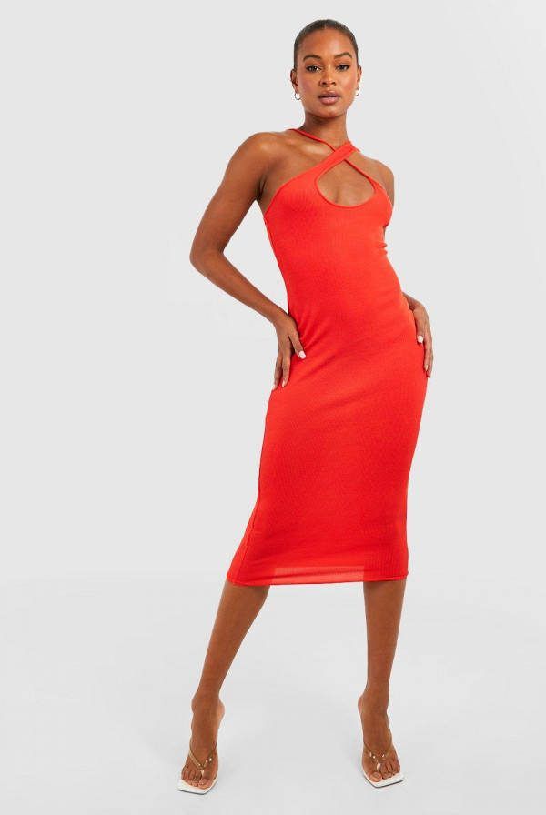 boohoo Tall Geribbelde Asymmetrische Halter Midi Bodycon Jurk, Orange