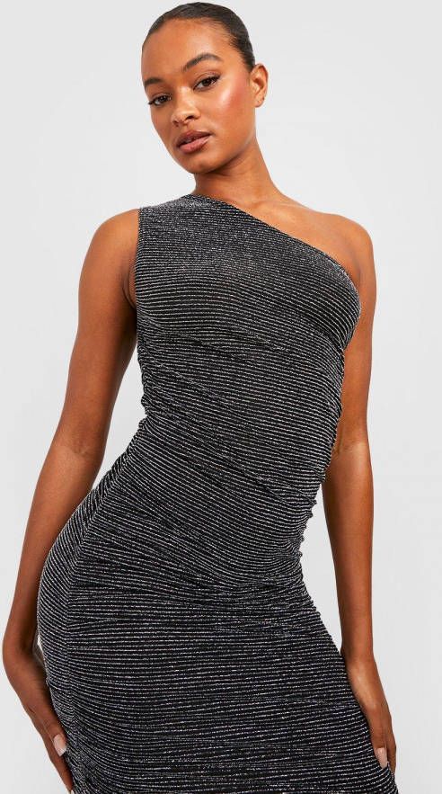 boohoo Tall Gestreepte Geplooide Glitter Asymmetrische Midi Jurk, Silver
