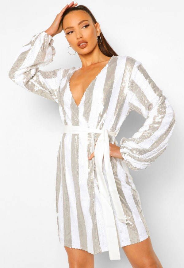boohoo Tall Gestreepte Mini Wikkel Jurk Met Riem Met Pailletten, Silver