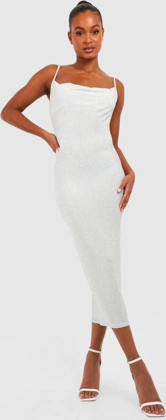 boohoo Tall Glitter Bodycon Midi Jurk Met Waterval Hals, Silver
