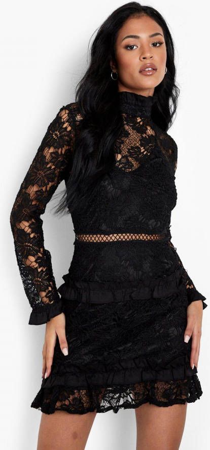 boohoo Tall Kanten Mini Jurk Met Hoge Hals, Lange Mouwen En Laagjes, Black