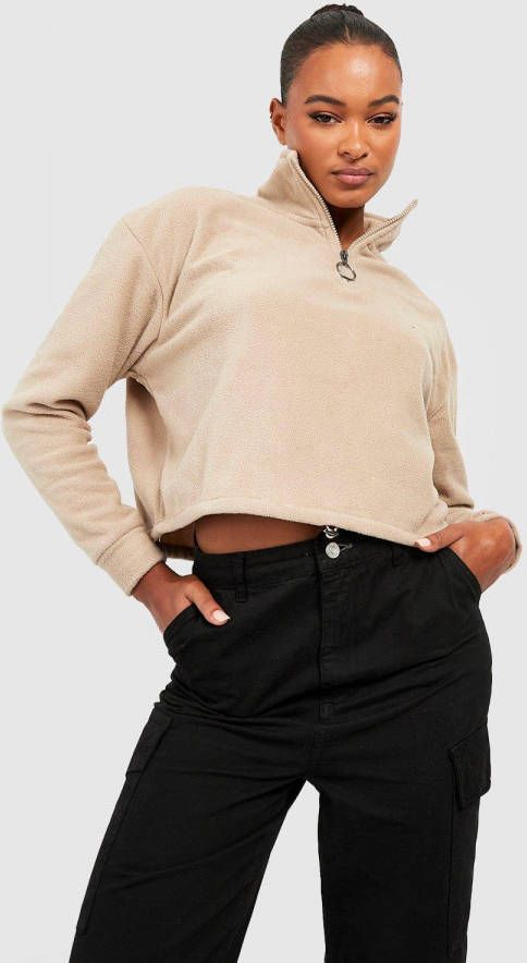 boohoo Tall Korte Fleece Trui Met Korte Rits En Lus, Stone