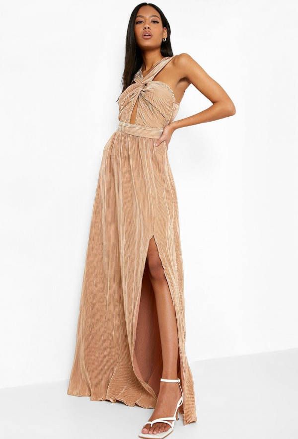 boohoo Tall Maxi Jurk Met Halter Neck En Split, Champagne