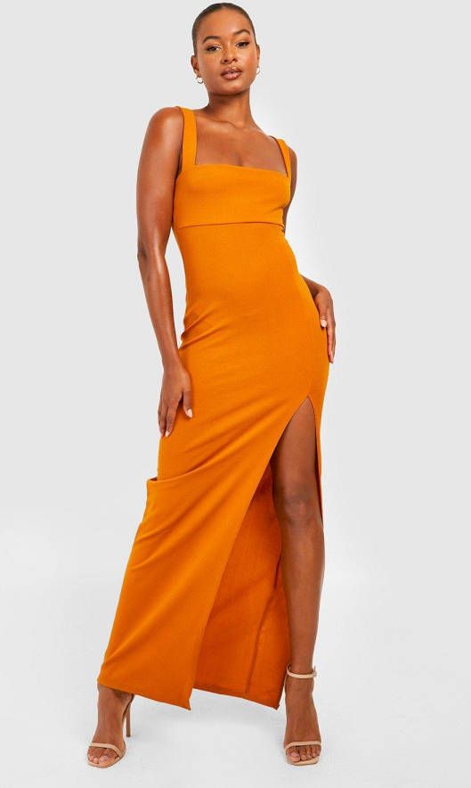 boohoo Tall Maxi Jurk Met Zijsplit En Vierkante Hals, Mustard