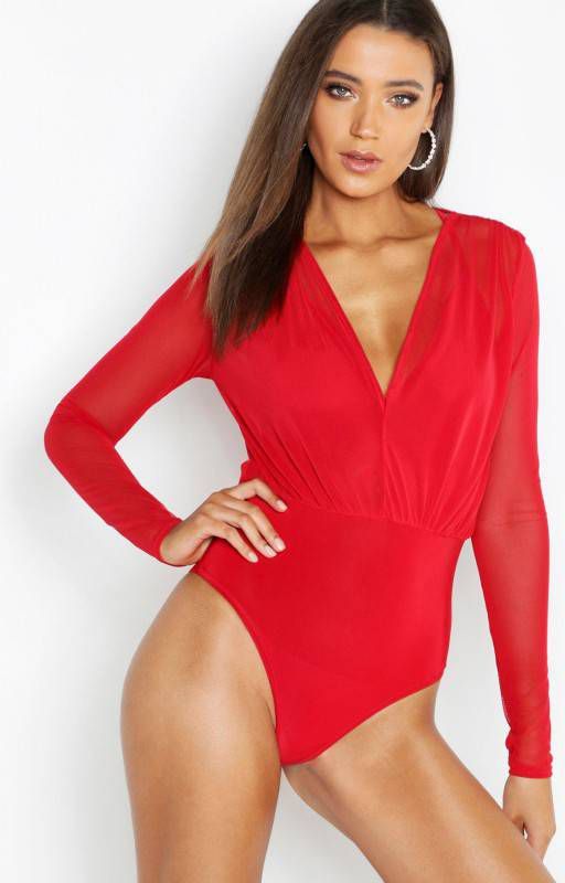 boohoo Tall Mesh 2 In 1 One Piece, Rood