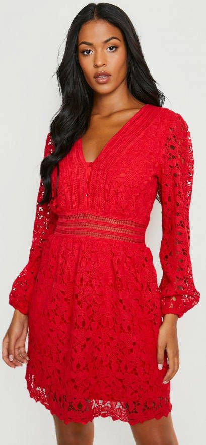 boohoo Tall Premium Kanten Midi Skater Jurk, Red