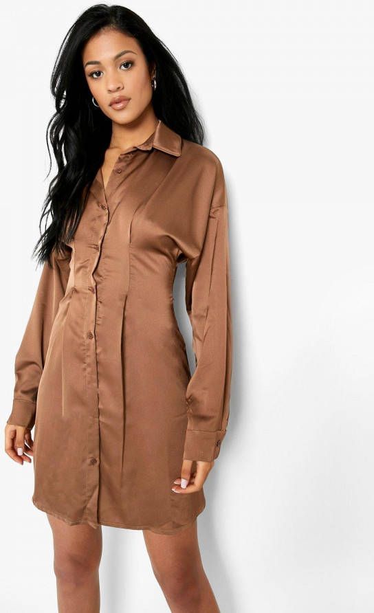 boohoo Tall Satijnen Blouse Jurk Met Geplooide Taille, Chocolate