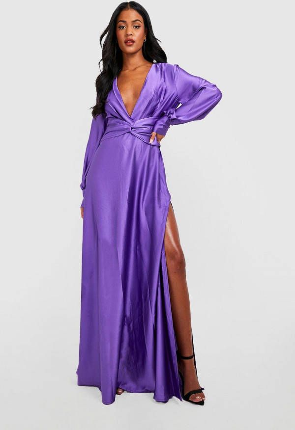 boohoo Tall Satijnen Maxi Jurk Met Laag Decolleté, En Ballonmouwen, Purple