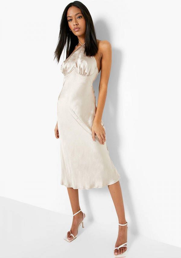 boohoo Tall Satijnen Midi Jurk Met Losse Rug En Halterneck, Champagne