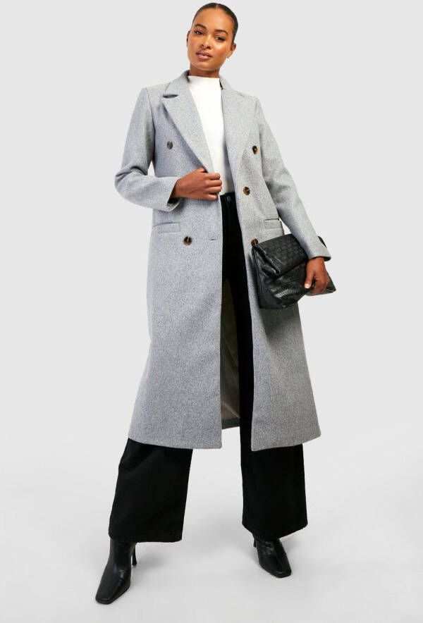 boohoo Tall Simpele Wollen Jas Met Dubbele Knopen, Grey Marl