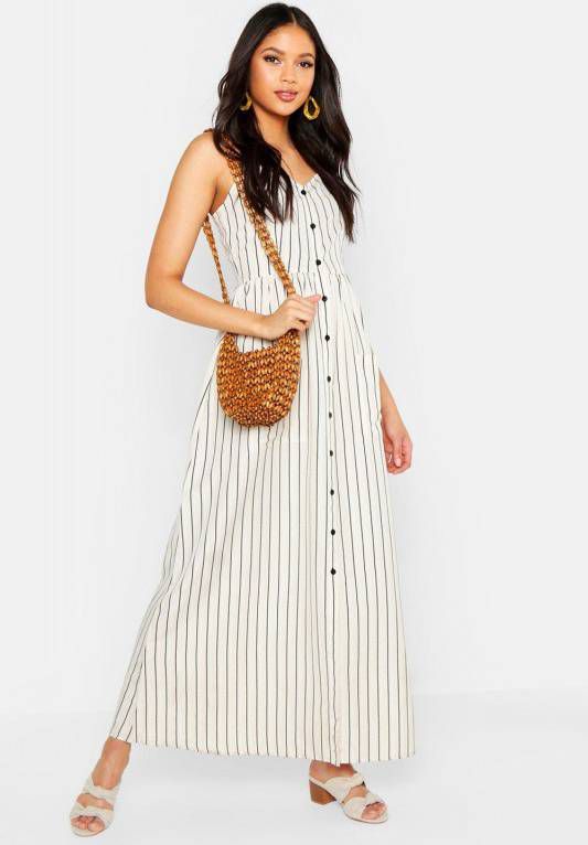 boohoo Tall Gestreepte Maxi Jurk Met Knoopjes En Zak, Steenrood